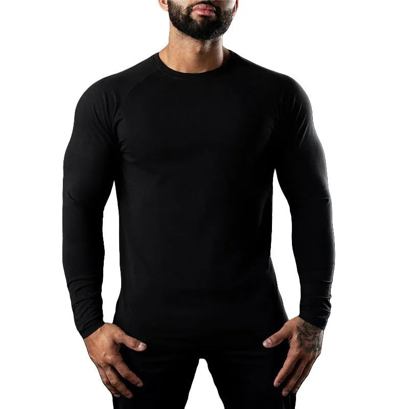 Men's long sleeve cotton sports t-shirt in army green colour, shown with a round neck and tight fit.