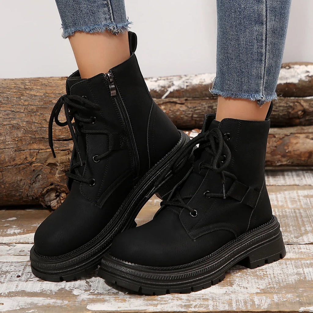 Women's square-heel lace-up ankle boots in black and brown with microfiber upper and rubber sole