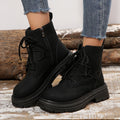 Women's square-heel lace-up ankle boots in black and brown with microfiber upper and rubber sole