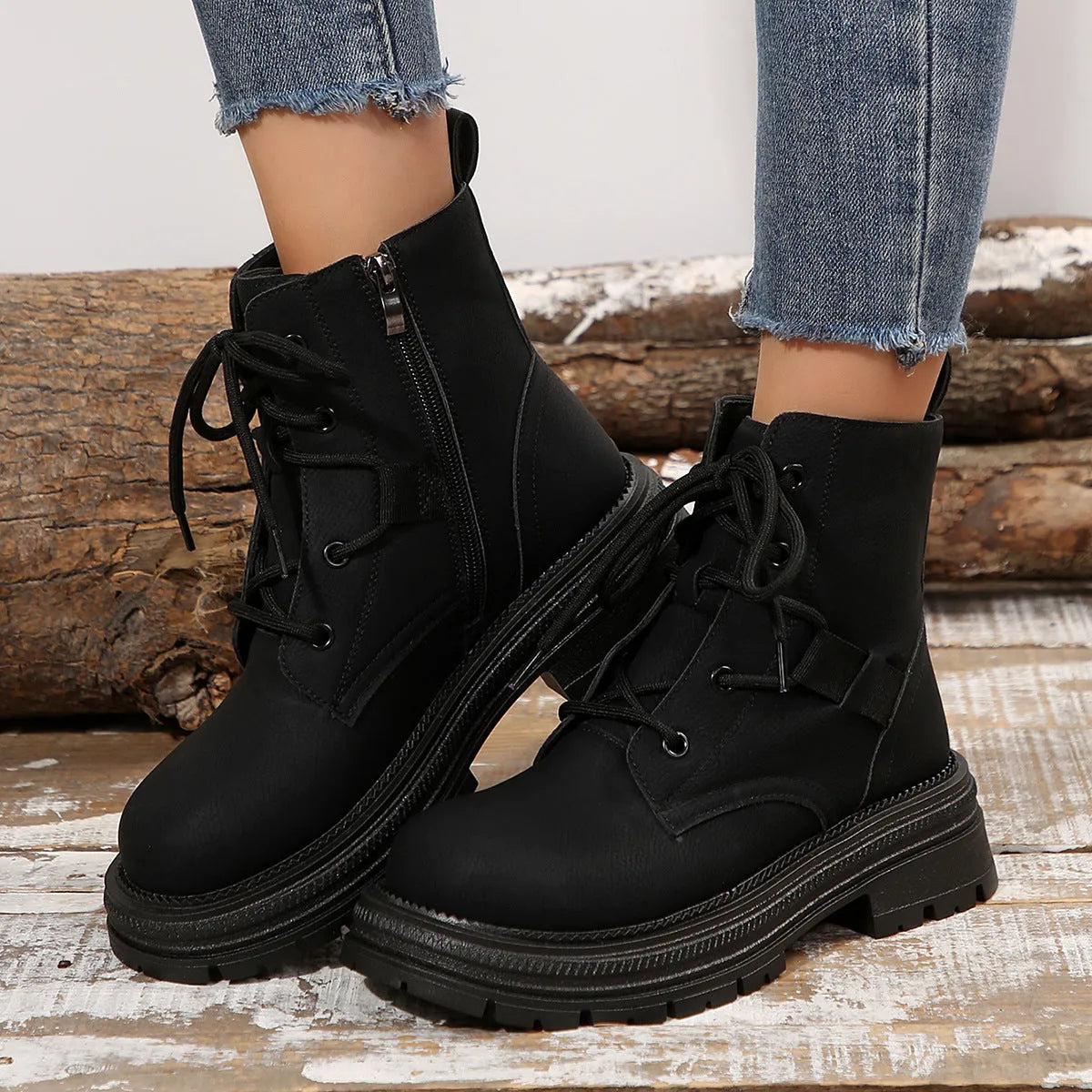 Women's square-heel lace-up ankle boots in black and brown with microfiber upper and rubber sole