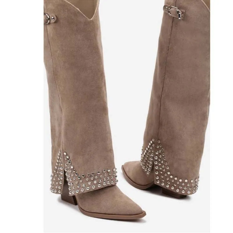 Women's frosted rivet pantyhose boots with oversleeve design in black, apricot and black matte colour options