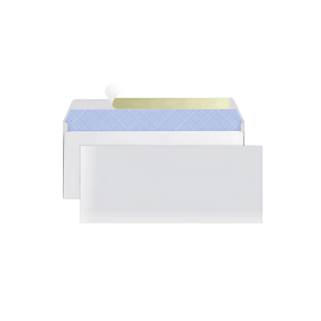 Blue confidential security envelope showing tamper-evident design with self-adhesive flap closure, dimensions 105x240mm