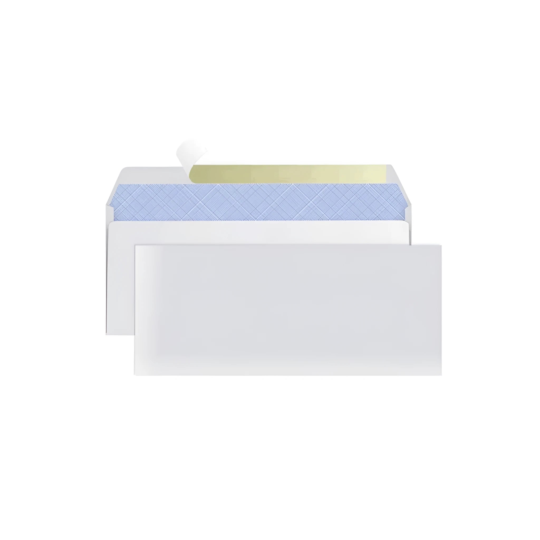 Blue confidential security envelope showing tamper-evident design with self-adhesive flap closure, dimensions 105x240mm