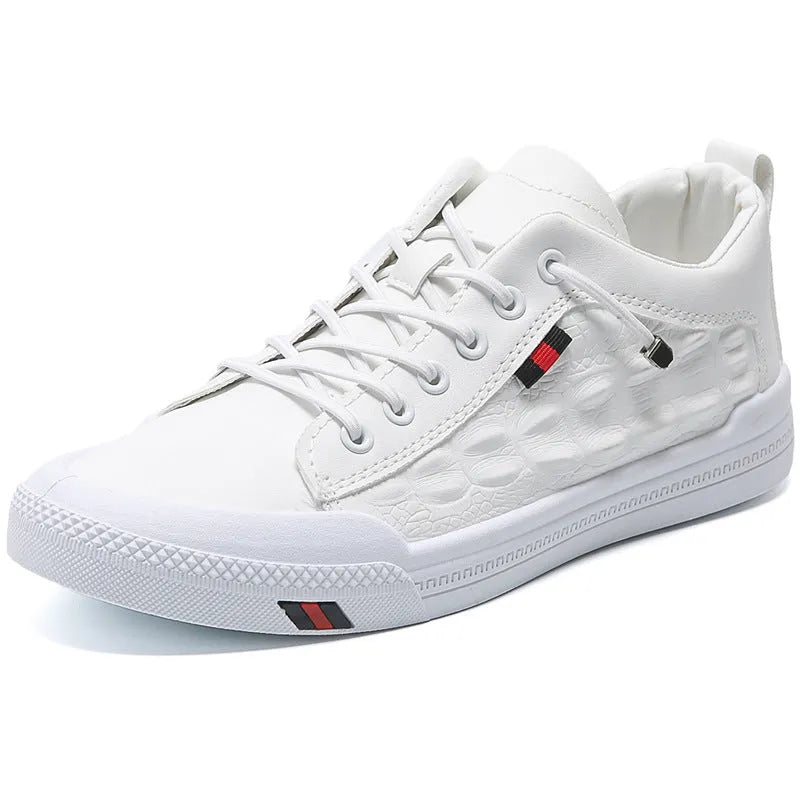 Men's white lace-up casual sneakers with round toe and flat rubber sole.