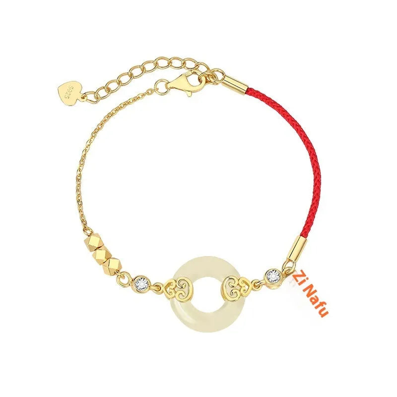 Hetian jade gourd bracelet, necklace, and earrings set in sterling silver with Fu Lu symbols.