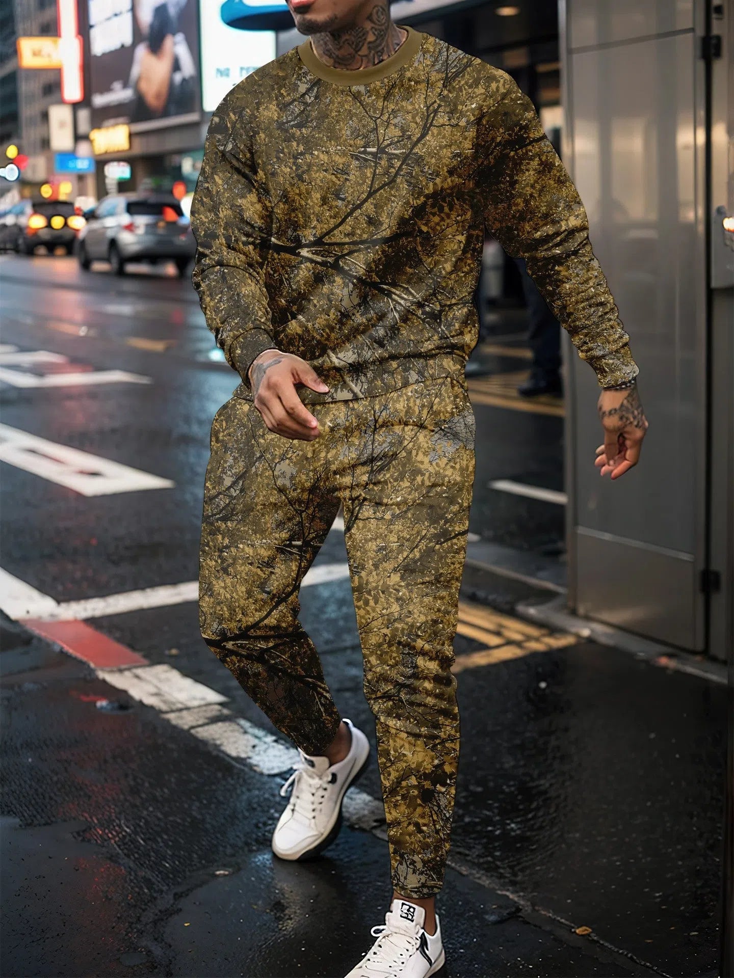 Men's round neck jungle camouflage long sleeve top and trousers sportswear set on model
