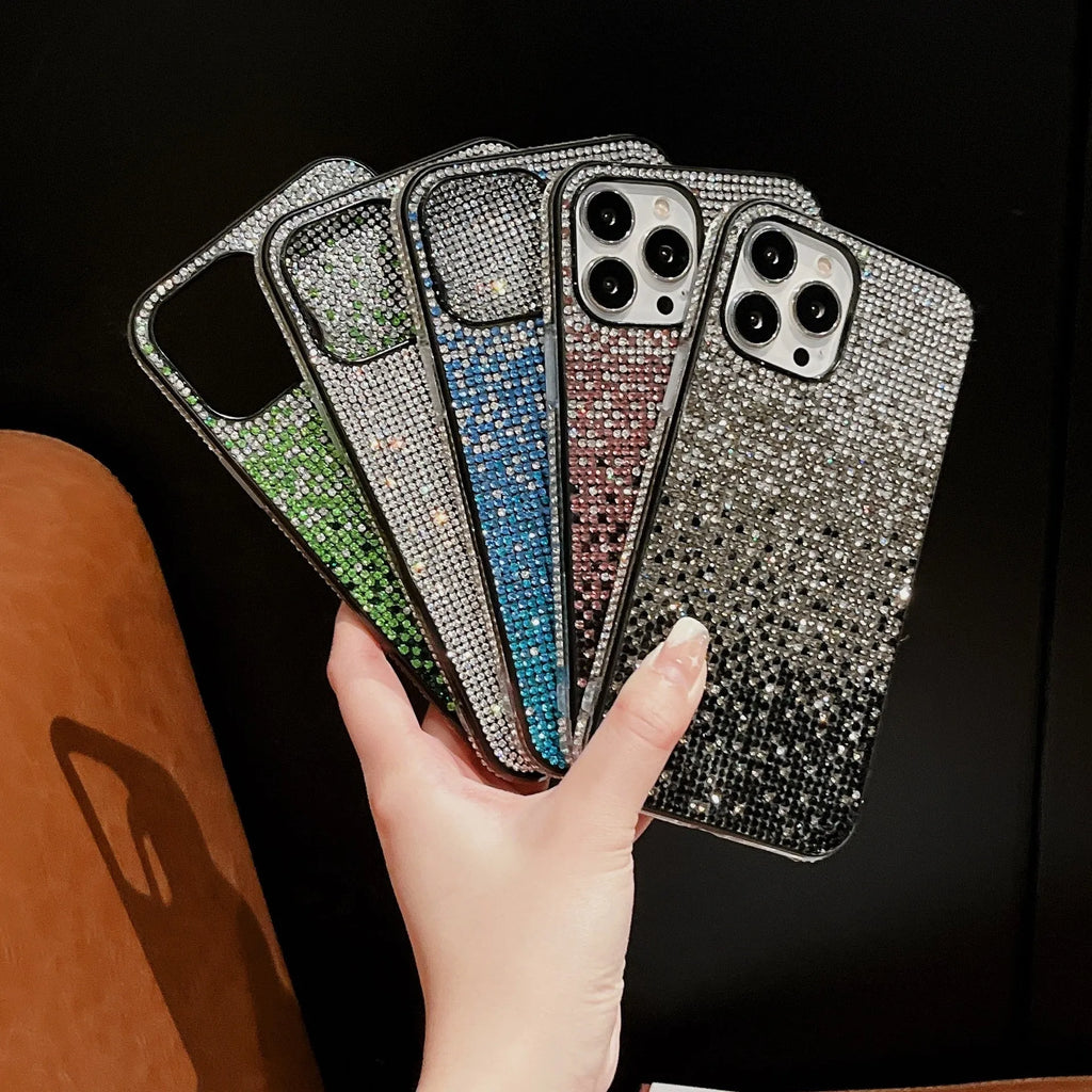 Gradient edge drill phone case for Apple iPhone with rhinestone accents and TPU PC construction