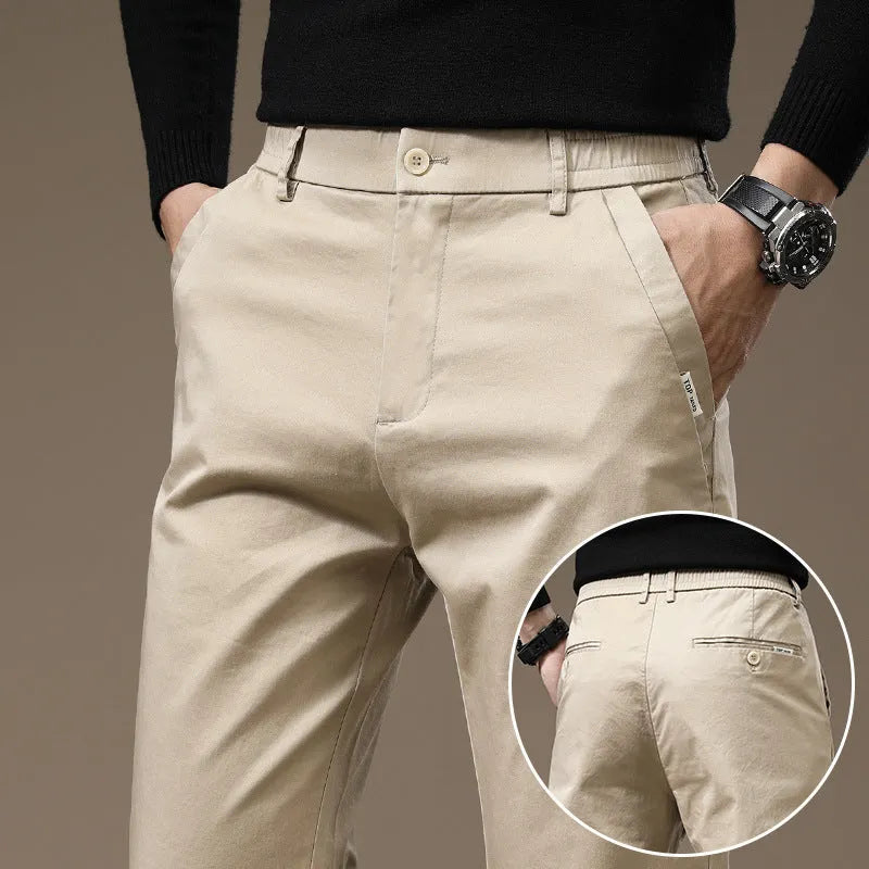 Combed cotton light business casual trousers for men, mid waist, medium elastic, available in black, dark gray, khaki, grass gray, sizes 28 to 36