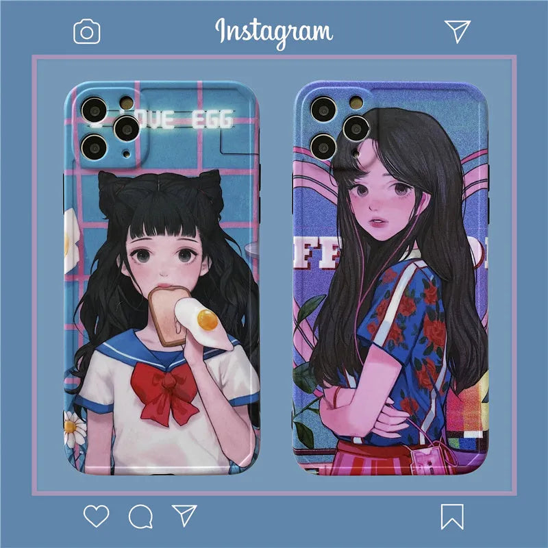 Soft rubber phone case with Japanese manga girl design featuring a girl eating bread, for iPhone
