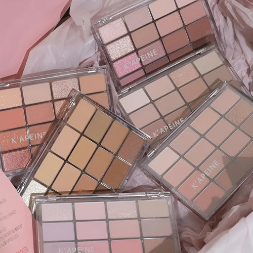 16 colour eye shadow palette with crouching silkworm design showing pink and brown shimmer matte shades