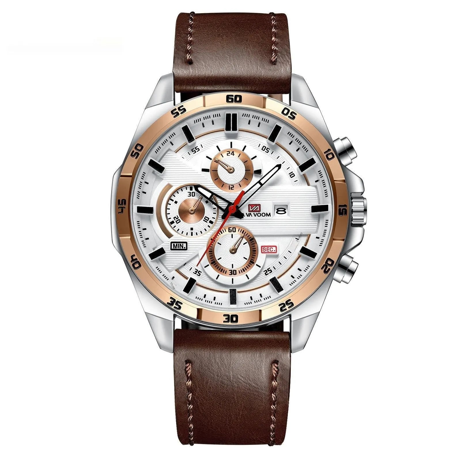 Men's casual watch with brown leather strap, white dial, rose gold case, and day-date window.