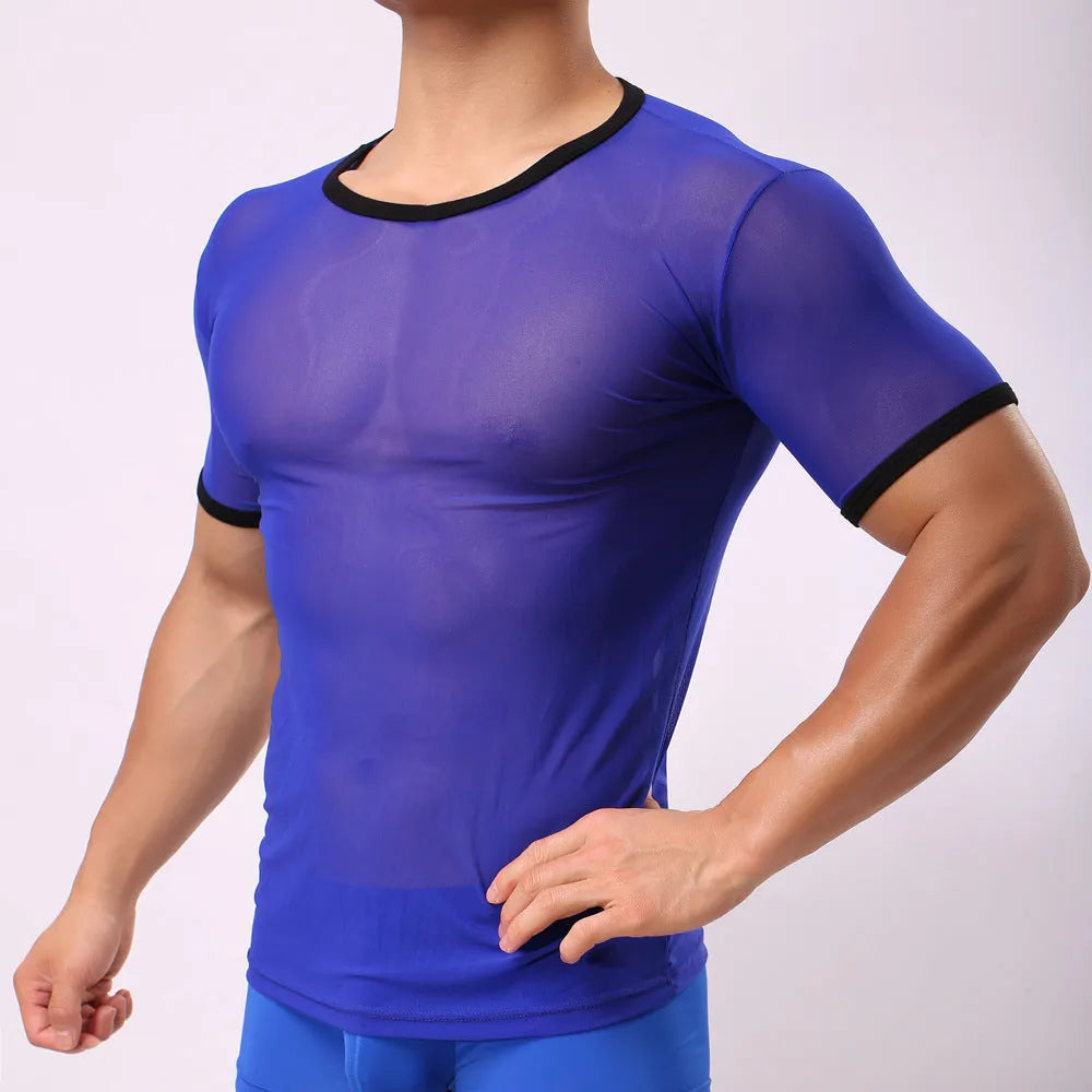 Men's slim fit mesh t-shirt in a solid colour, showcasing transparent nylon fabric and short sleeves.
