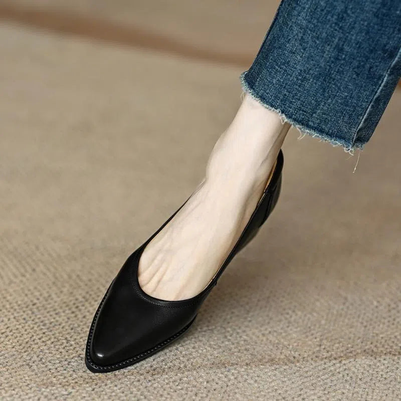 Women's retro brown pointed toe mid heel chunky heel commuting shoes with anti-slip sole, side view