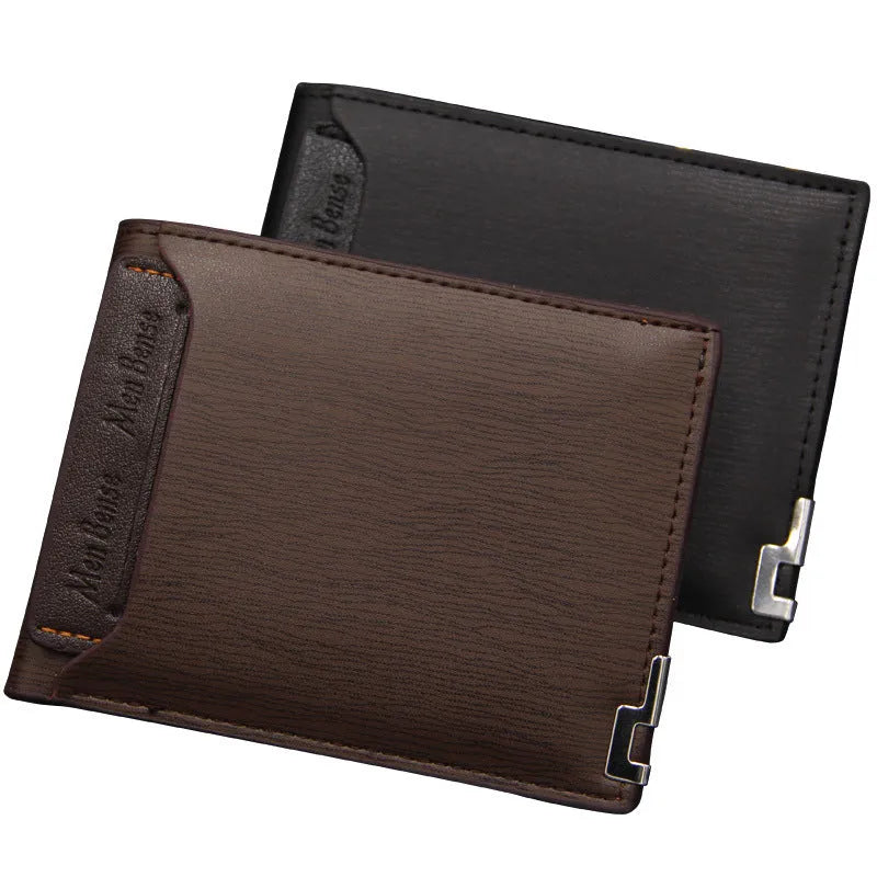 Men's black PU leather short wallet with iron-edge detailing and card-picking feature