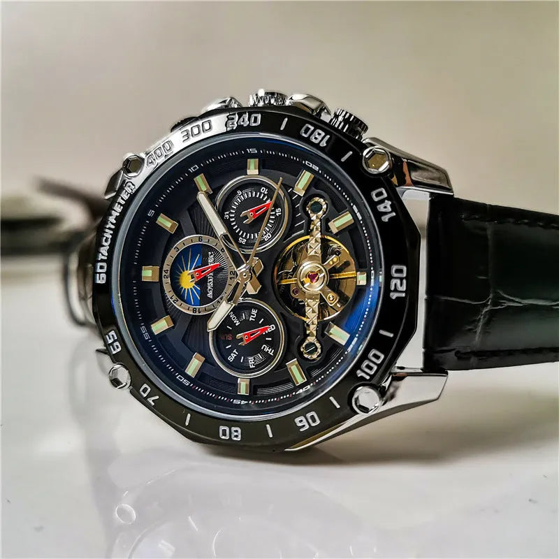 Men's automatic mechanical watch with a 12mm thick case shown in various colour combinations including silver and black.