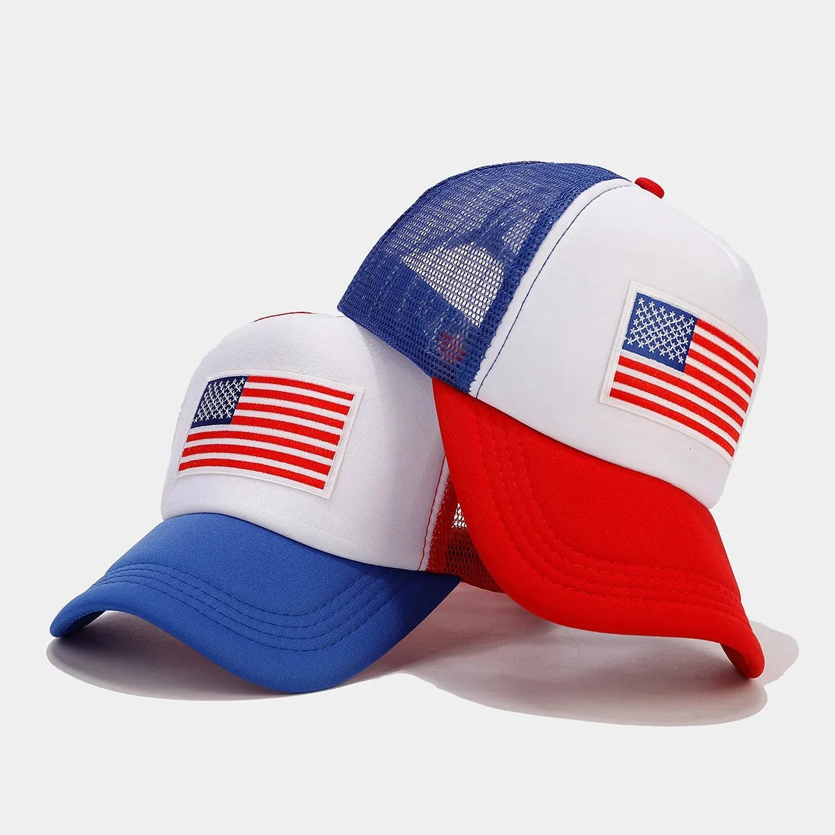 Red and blue contrast mesh baseball cap with adjustable dome crown design