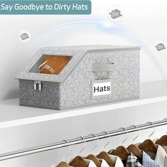 Grey foldable and stackable woven fabric storage box for organising baseball caps and shoes.
