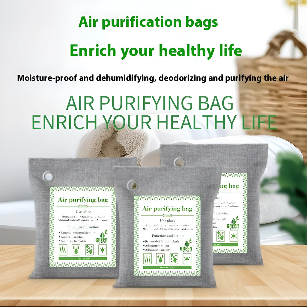 Sewn fabric bag filled with black bamboo activated charcoal for air purification.
