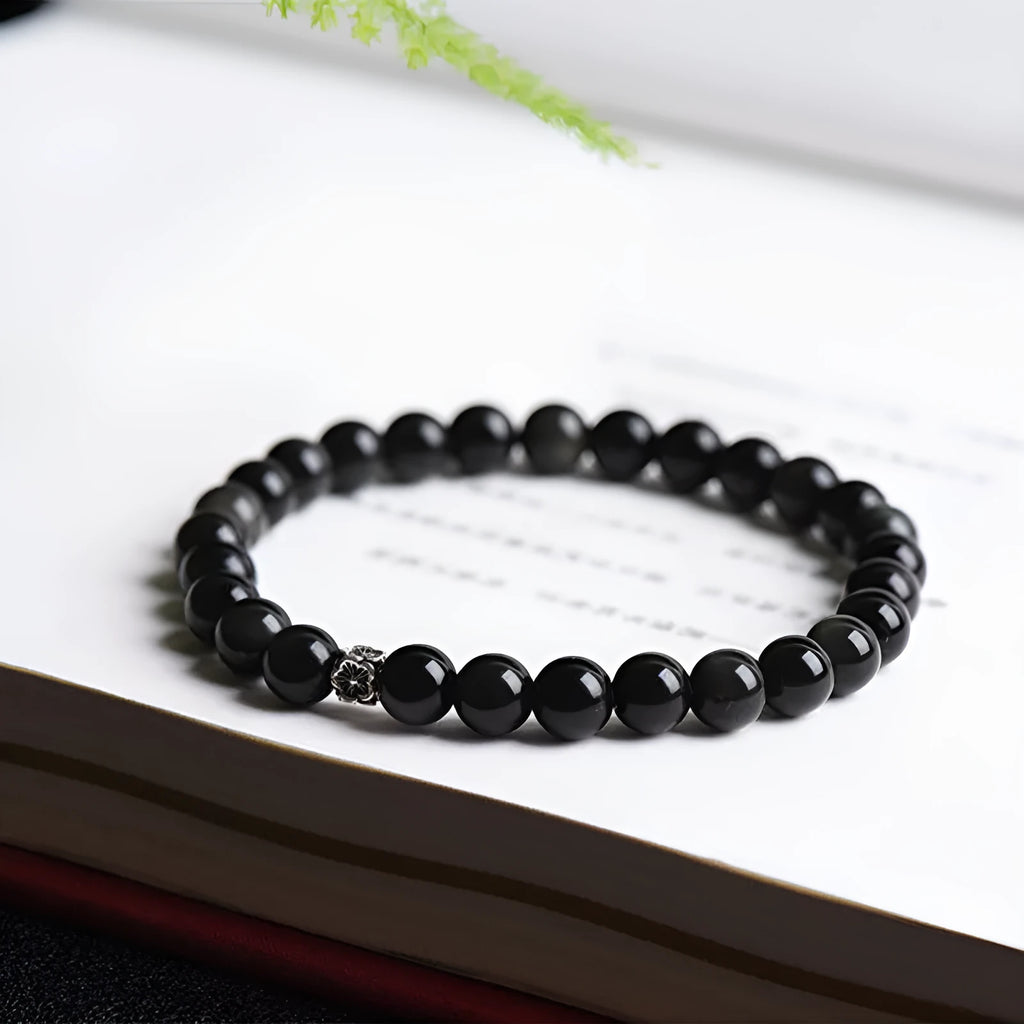 Natural obsidian bracelet with S925 silver flower charm and dragon phoenix decorations