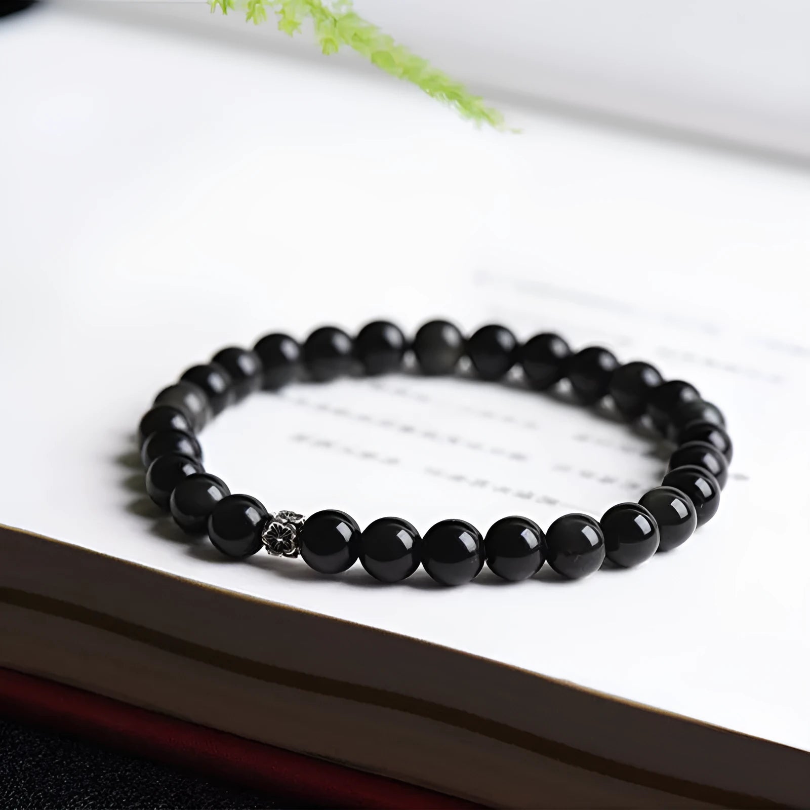 Natural obsidian bracelet with S925 silver flower charm and dragon phoenix decorations