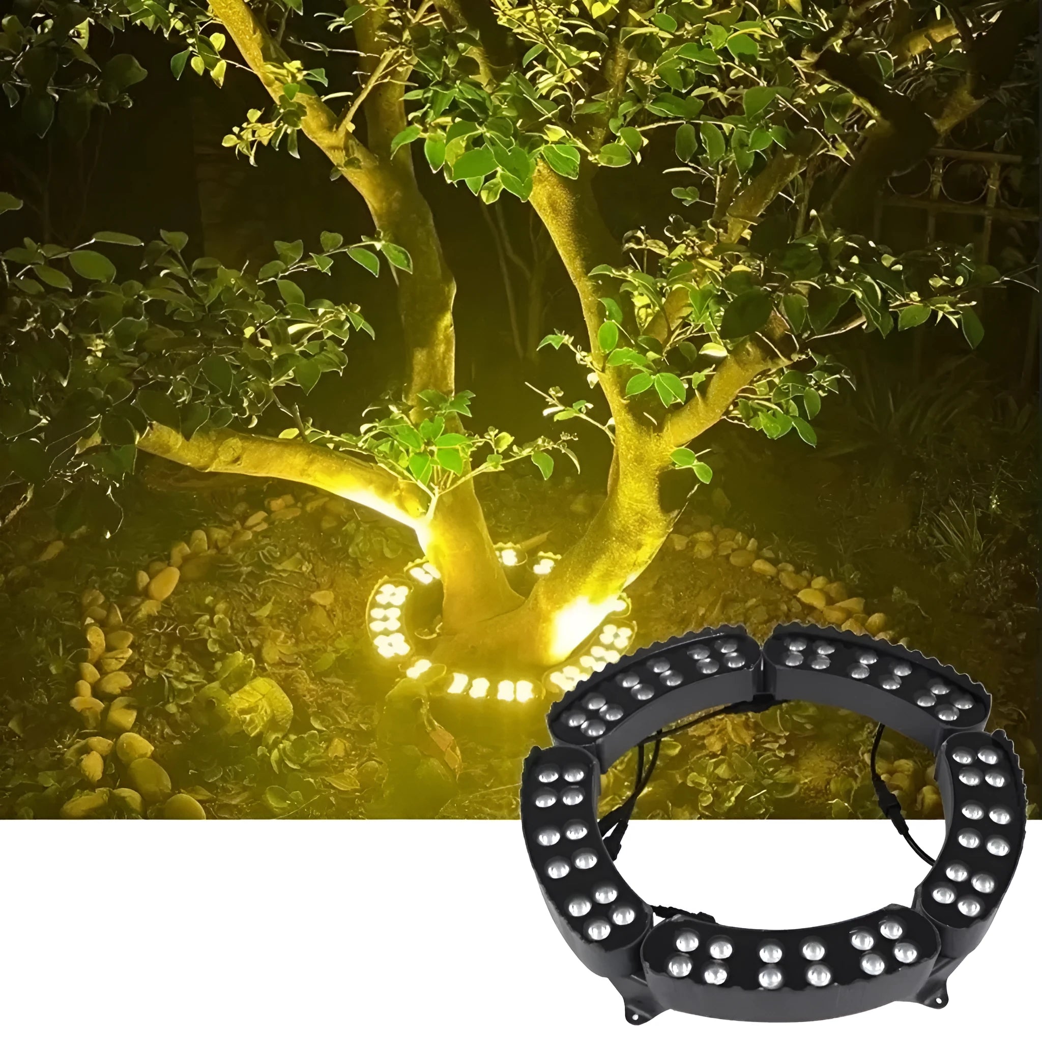 LED tree lamp with aluminium shell, five heads, IP65 rating, warm light, on a garden lawn