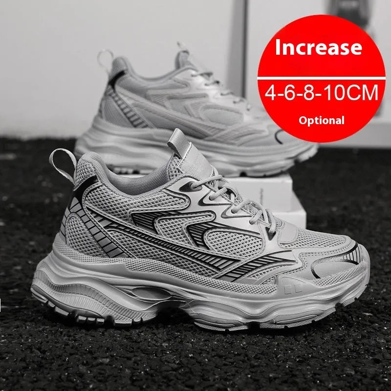 Casual breathable clunky sneakers with height-increasing insole, mesh lining, and rubber EVA PU sole in white, black, or grey.