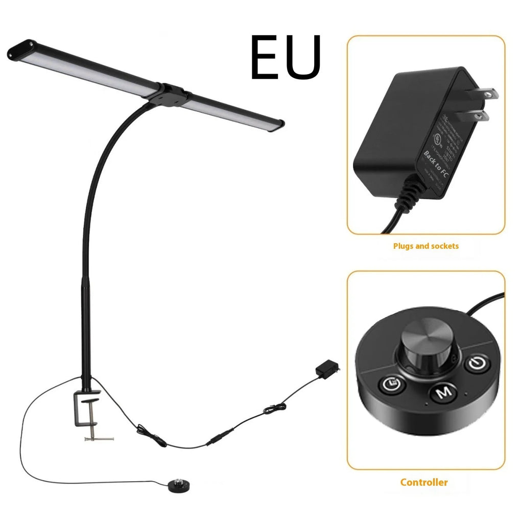 Black LED double-headed gooseneck remote control desk lamp with eye protection on a wooden desk top