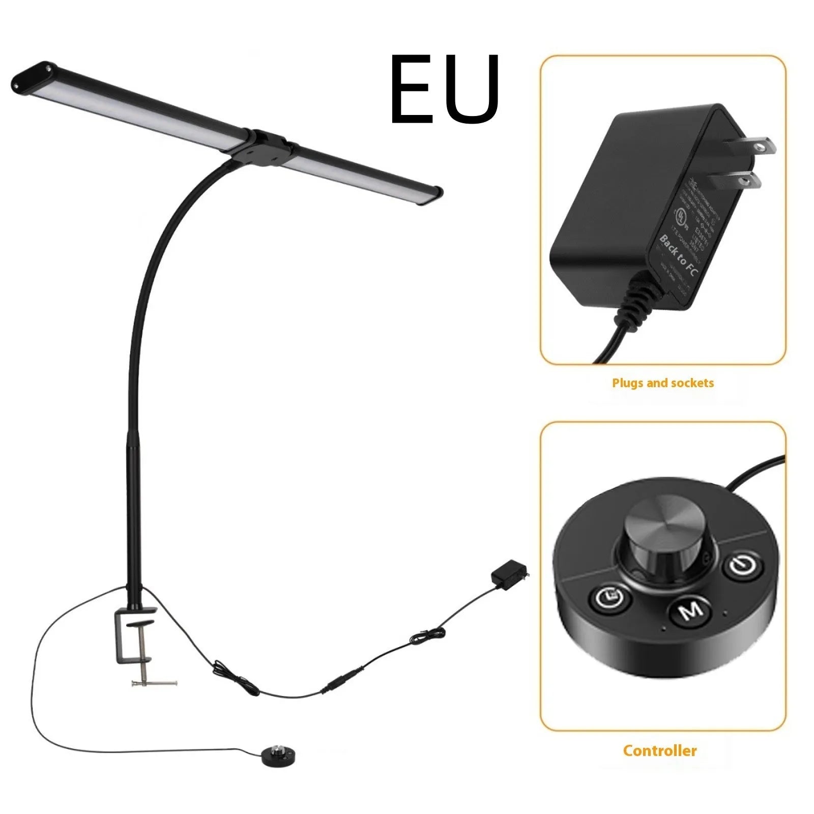 Black LED double-headed gooseneck remote control desk lamp with eye protection on a wooden desk top