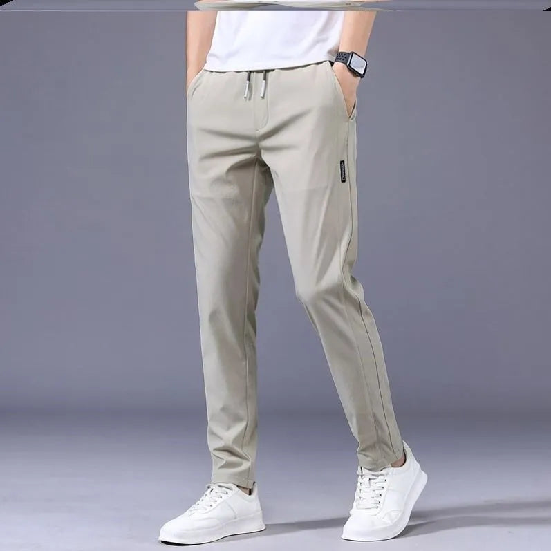 Men's loose straight drawstring sweatpants in khaki, summer casual thin trousers Korean version
