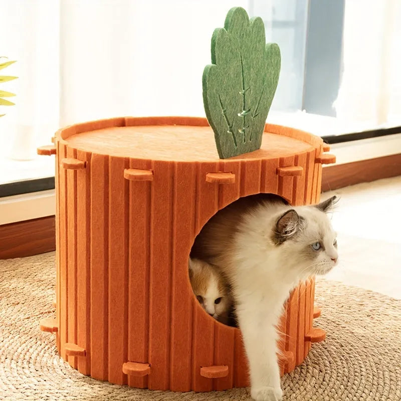 Carrot-shaped grey felt cat tunnel nest with a semi-enclosed opening, shown in two size options.