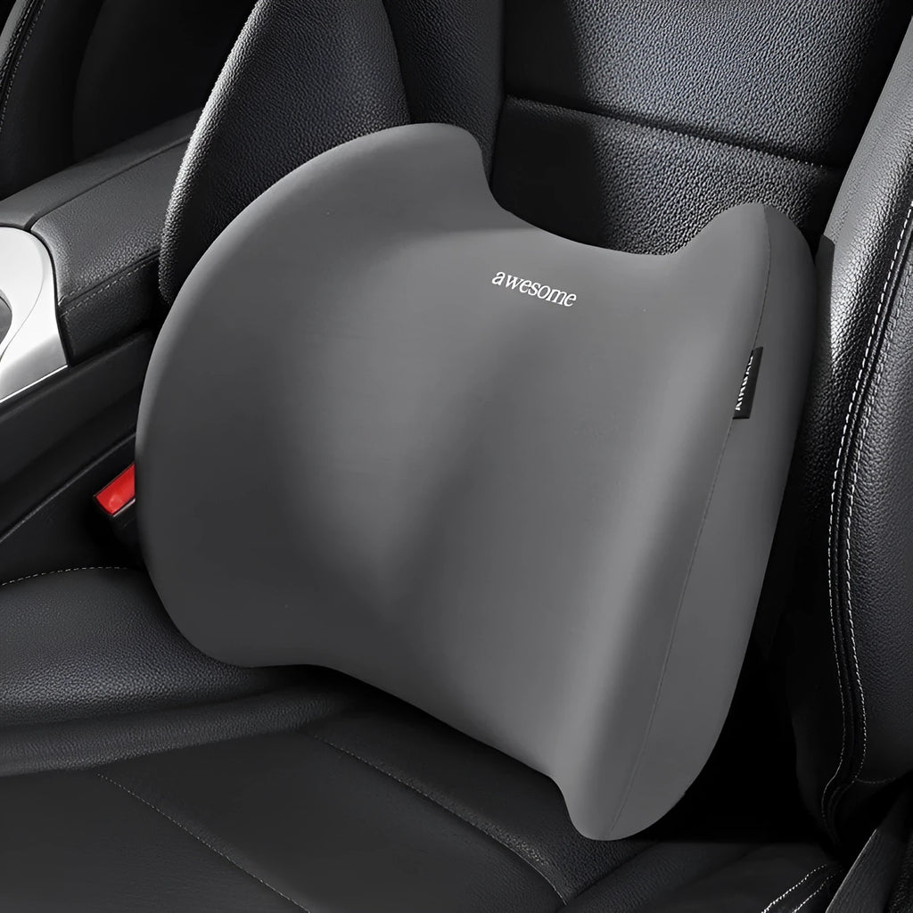Automotive memory foam support pillow with geometric pattern in cotton fabric, showing headrest and lumbar components