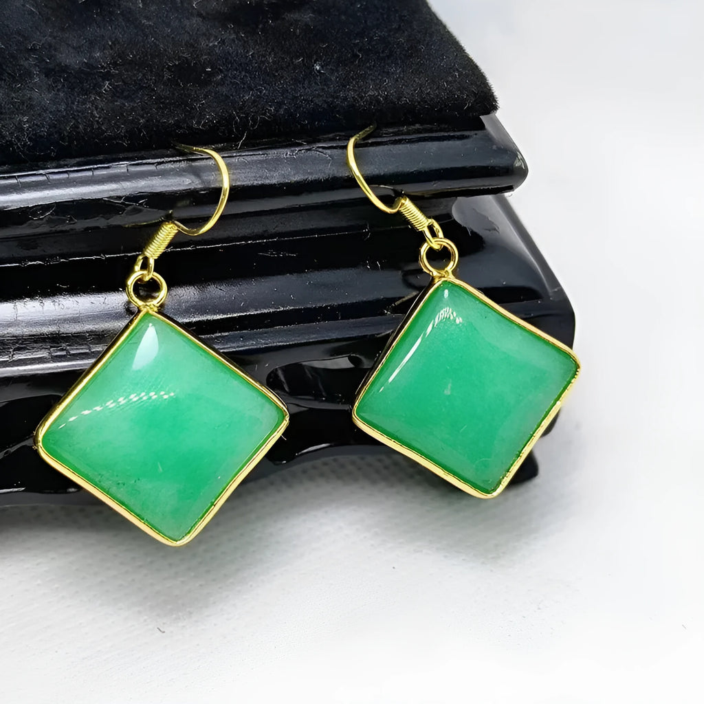 Emerald inlaid jade earrings for women square shape quartz rock lightweight 10g