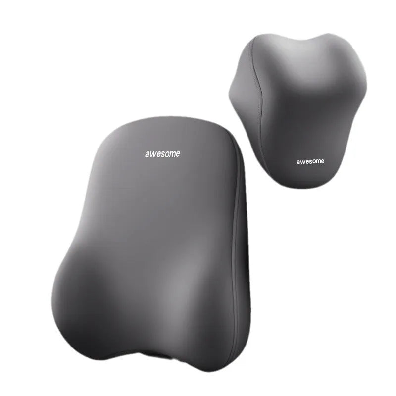 Car headrest pillow and lumbar support pillow set in beige, made from polyester fabric with memory foam filler.