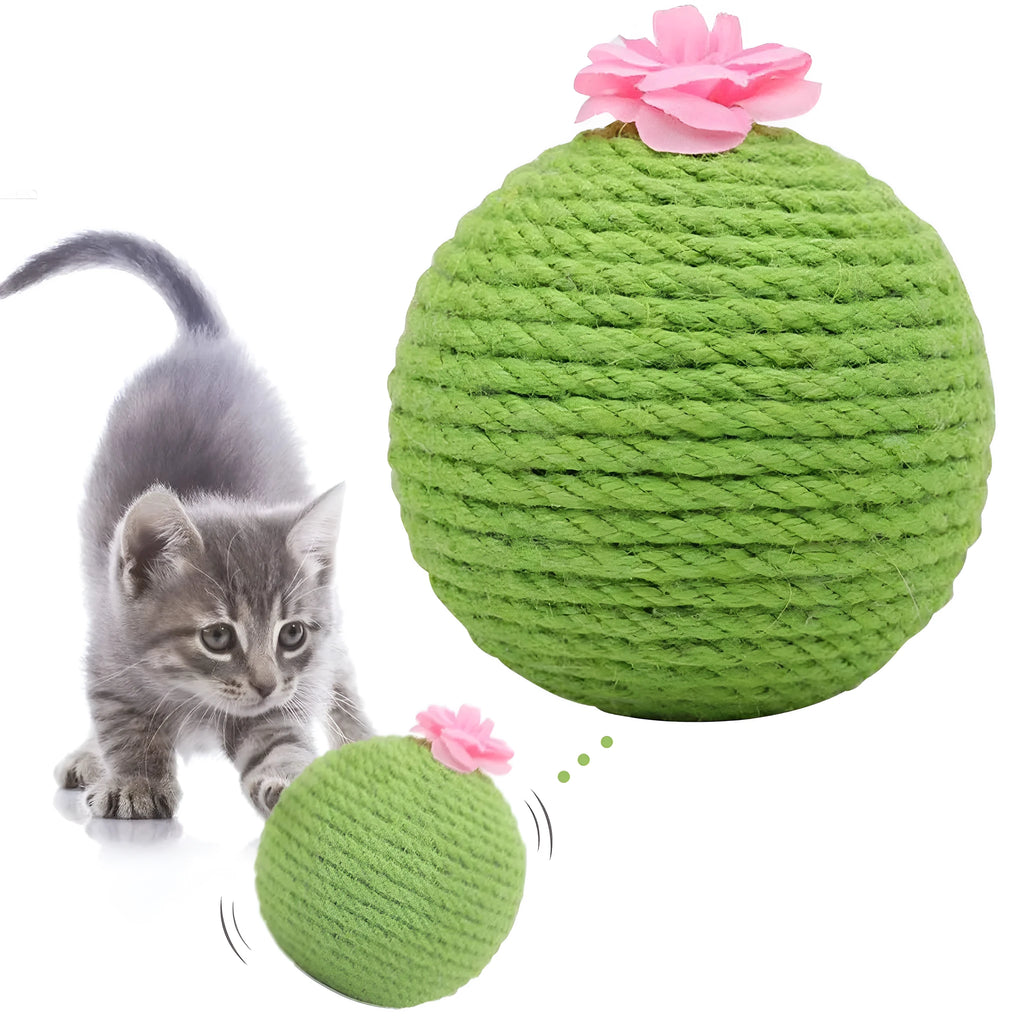 Green cactus-shaped cat scratcher ball with natural sisal scratching surfaces and integrated catnip toys