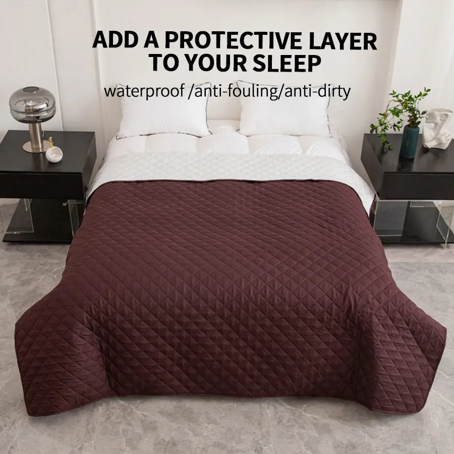 Chemical fibre bedspread with geometric pattern in black, showing sanding finish texture