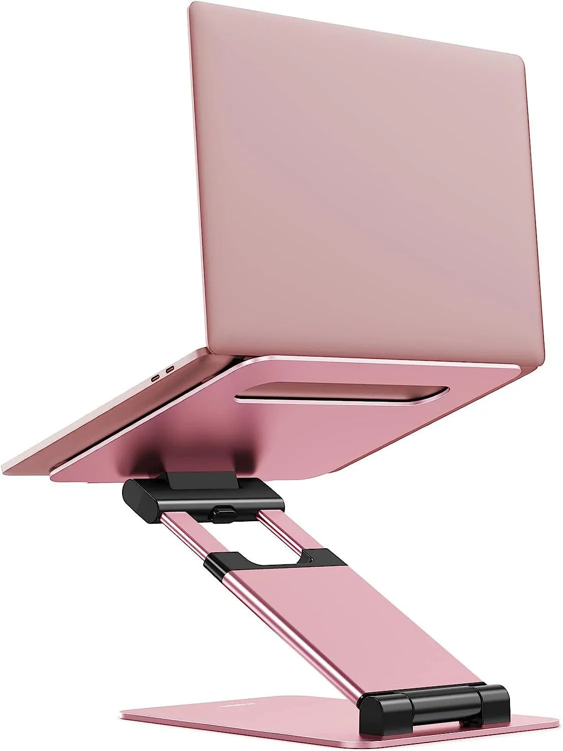 Aluminum alloy laptop bracket with adjustable base and 360-degree rotation on a desk
