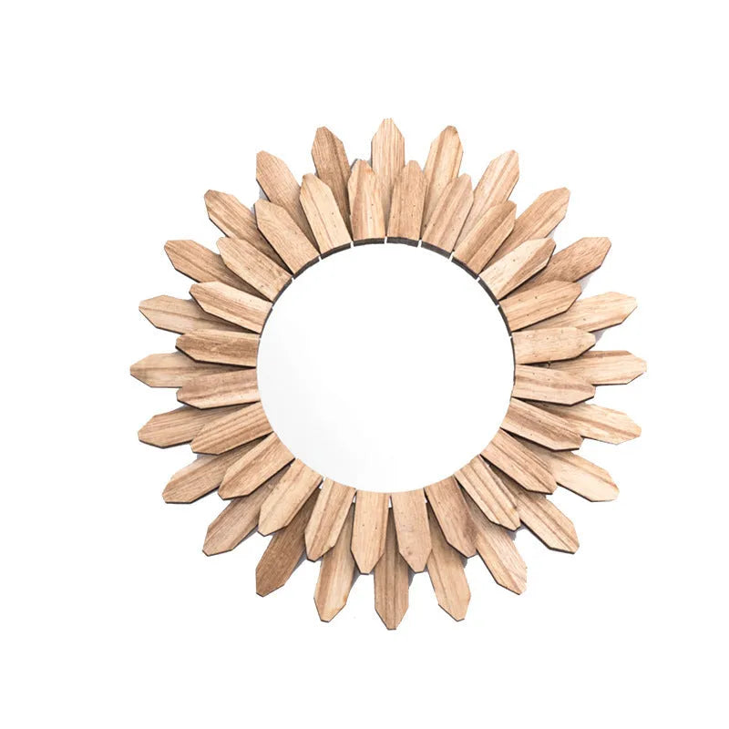 European-style round solid wood hanging mirror with a baked colour finish on a wall.