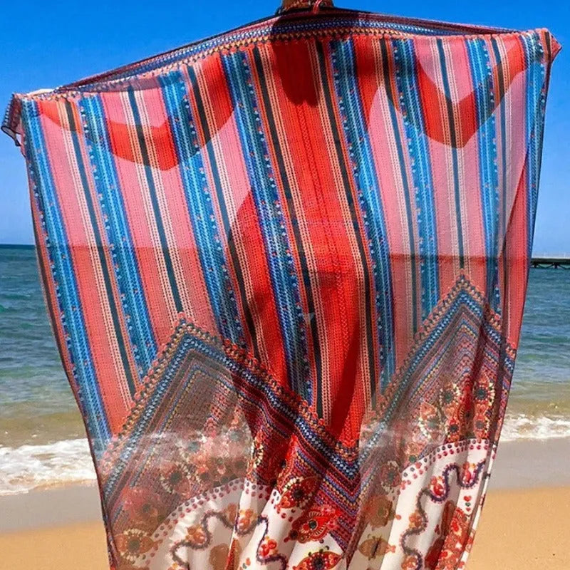 Women's three-piece swimsuit set showing split-front blouse, high-waist briefs, and longline cover-up coat on a model.