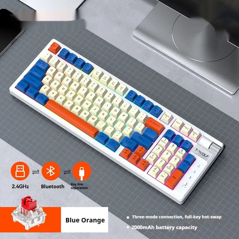 Bluetooth mechanical gaming keyboard with charging cable in Black Red or Blue Orange colours