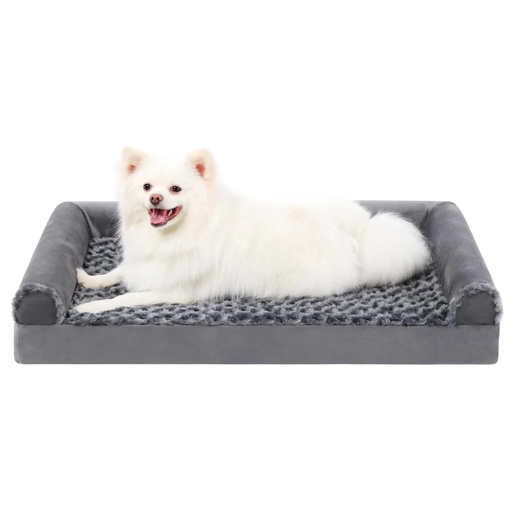 Grey U-shaped removable pet sofa kennel with embossed velvet fabric, shown in multiple sizes.