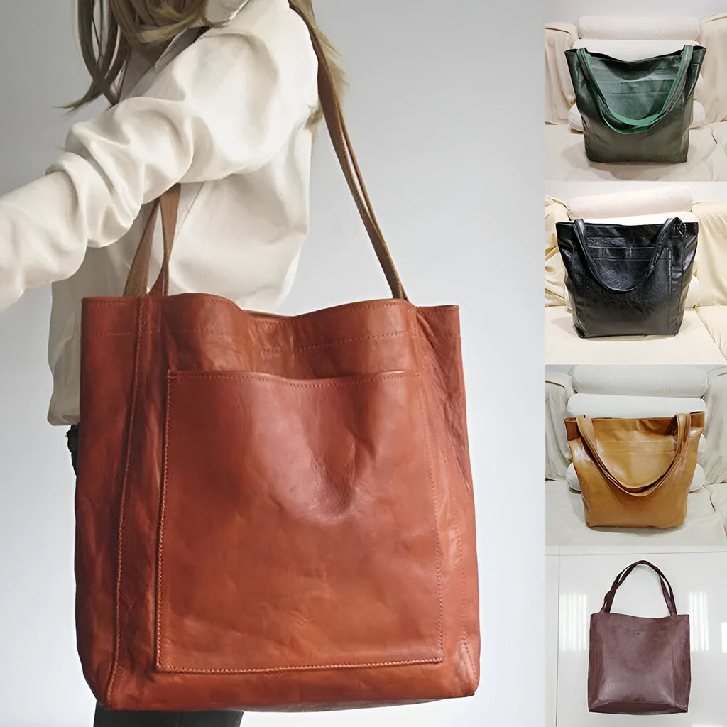 Retro large capacity shoulder bag with big pocket in oil wax leather-look PU, size 36x14x41cm, available in multiple colours.