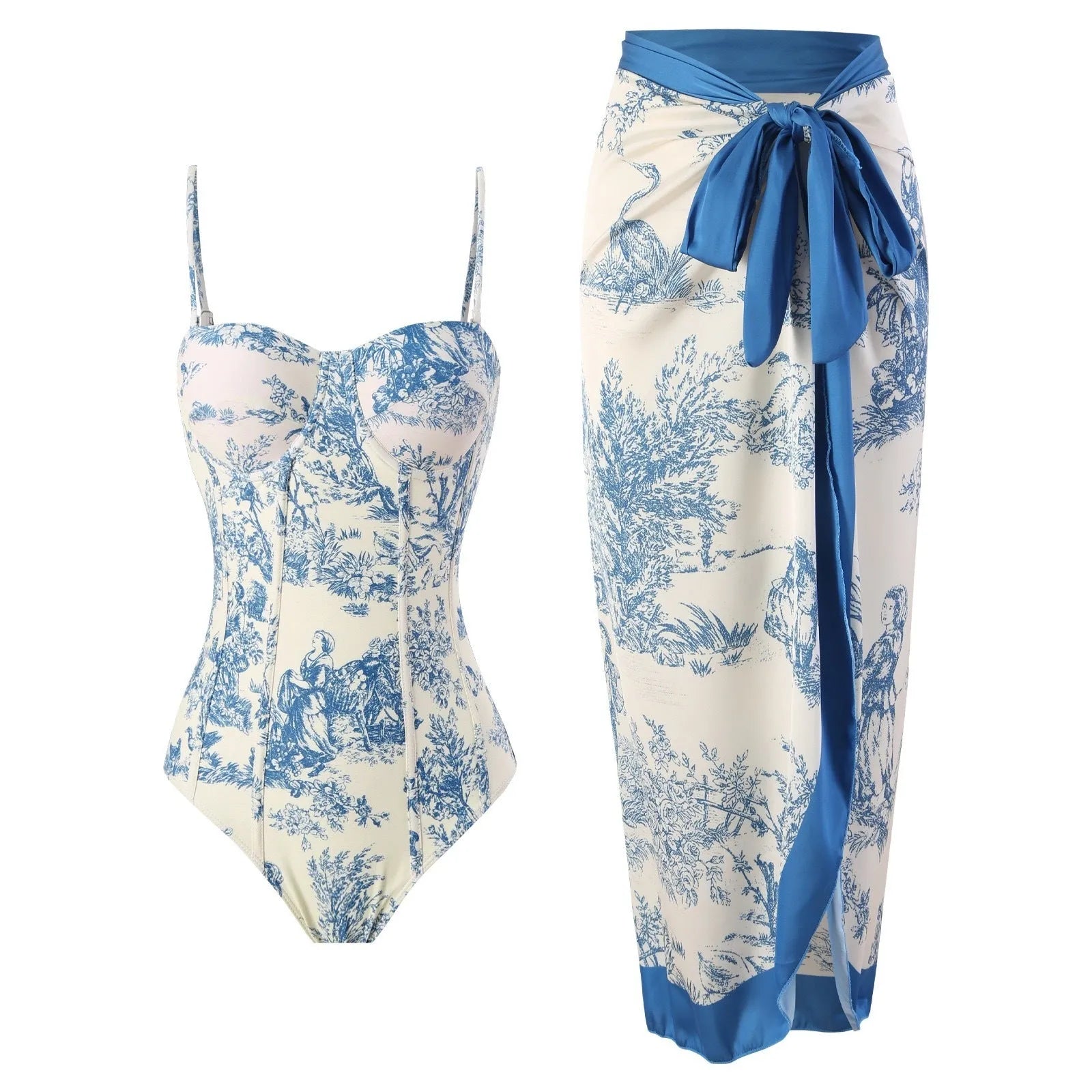 Women's blue patterned one-piece swimsuit with matching gauze skirt swimwear set