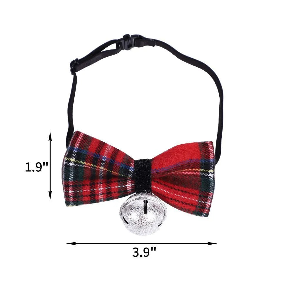 Red plaid triangle pet towel with tie-on bandana on a small dog, 60x45cm size, Christmas decoration