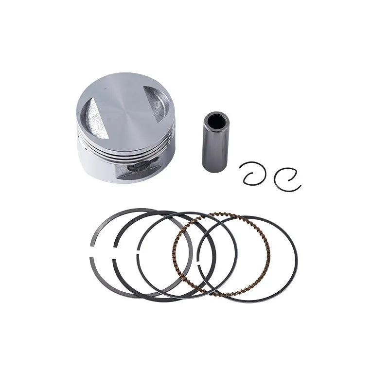 Motorcycle engine piston kit showing aluminium piston with steel combination oil ring for 57.4mm bore