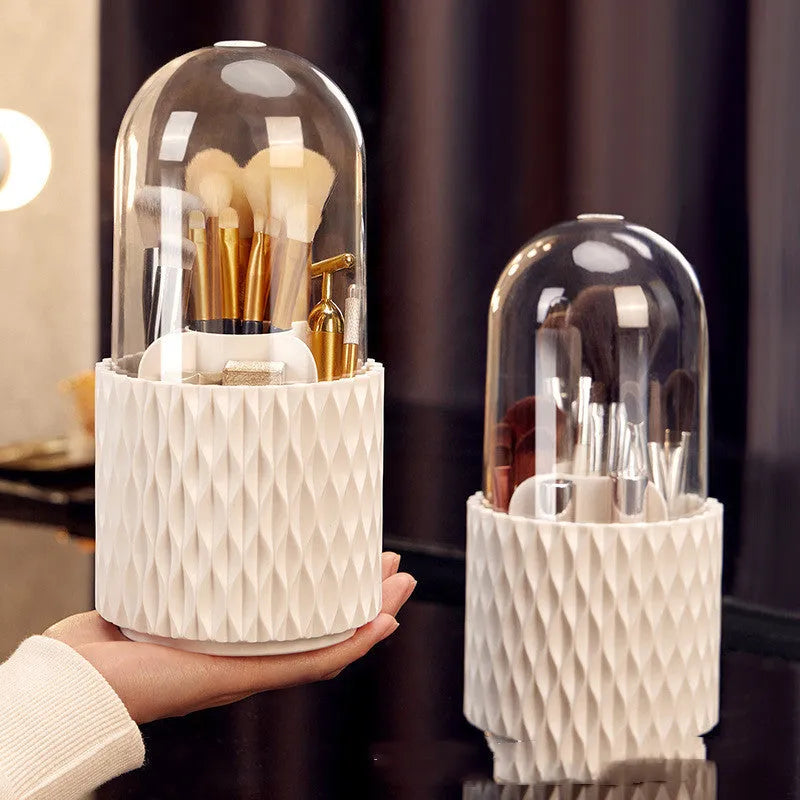 White rotating transparent makeup brush holder with dustproof lid on desktop