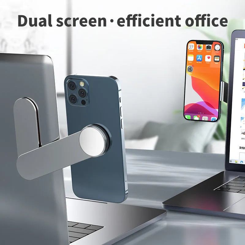 Silver aluminium alloy desk-mounted phone extension bracket with magnetic phone holder.
