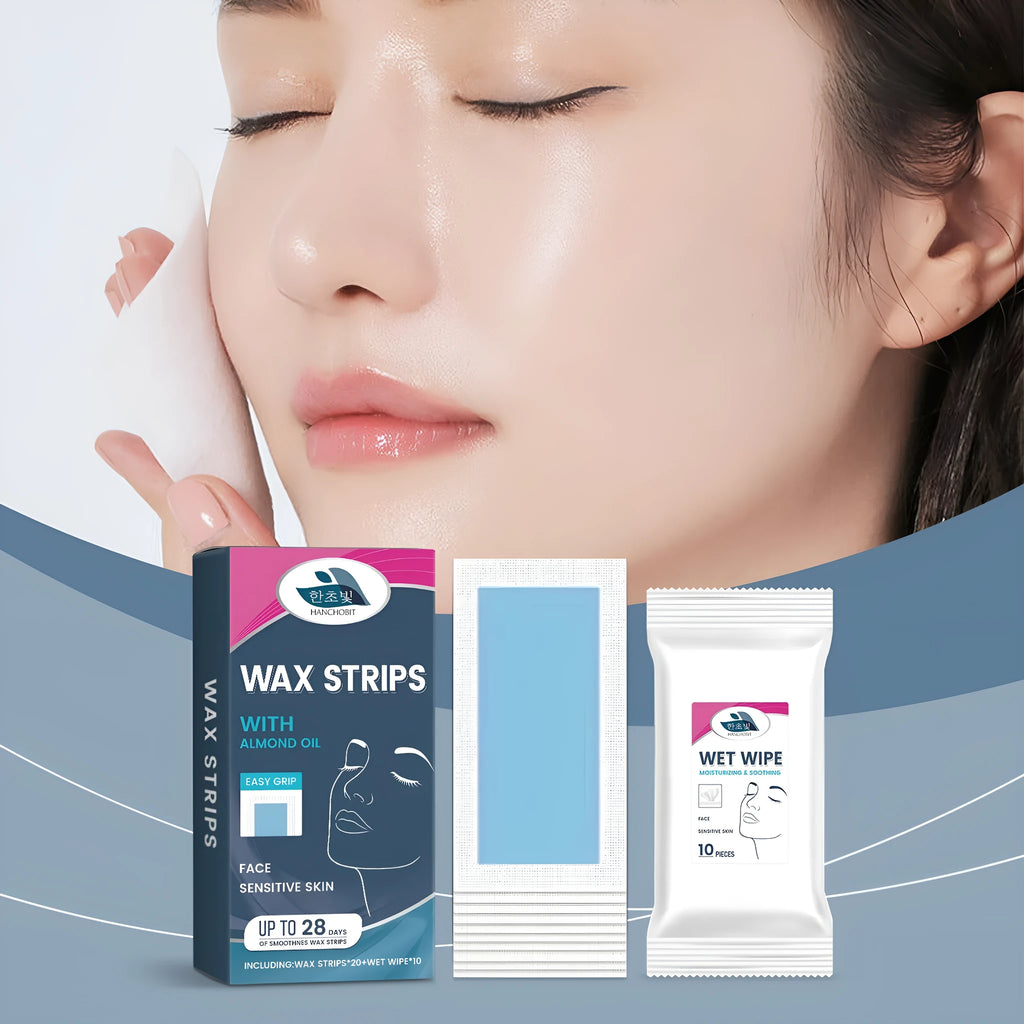 HANCHOBIT facial hair removal wax paper wet wipes pack showing wax strips and cleansing wipes