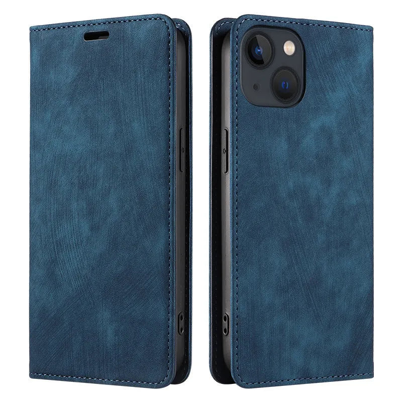 Black magnetic leather flip phone case for iPhone shown closed and open, displaying interior TPU shell and precise port cutouts.