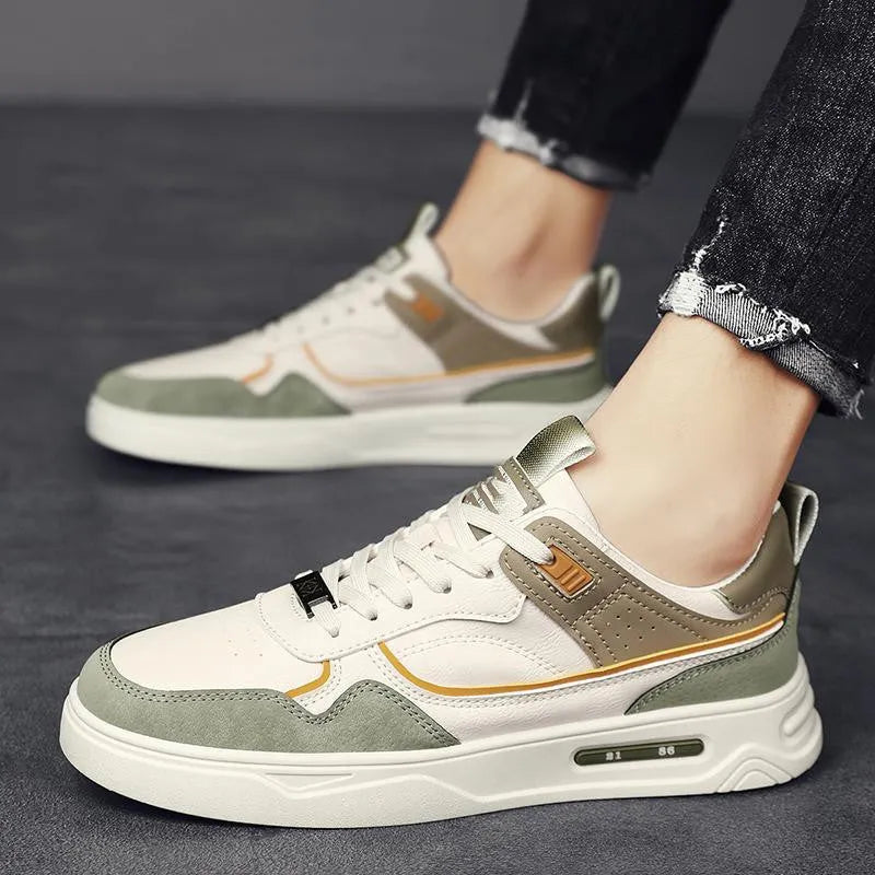 Men and women's casual board shoes in beige and white with rubber sole and mesh upper, flat heel