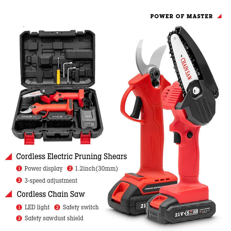 Red rechargeable electric branch shears with lithium battery, 220V US plug, and plastic box set for garden pruning